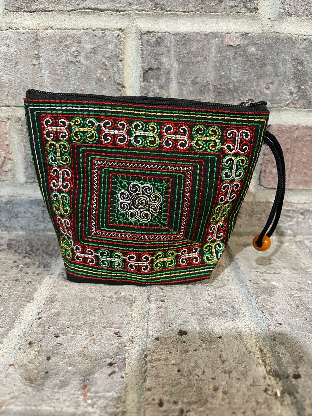 Hand-Embroidered Black Cosmetic Pouch with Green & Red Accents